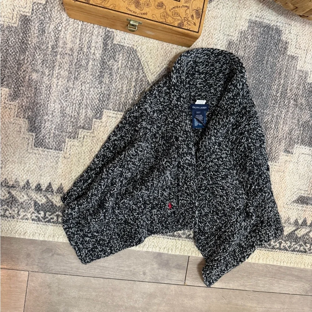 Ralph Lauren Toddler Girl Chunky Knit Black & White Marled Shawl-Collar Cardigan